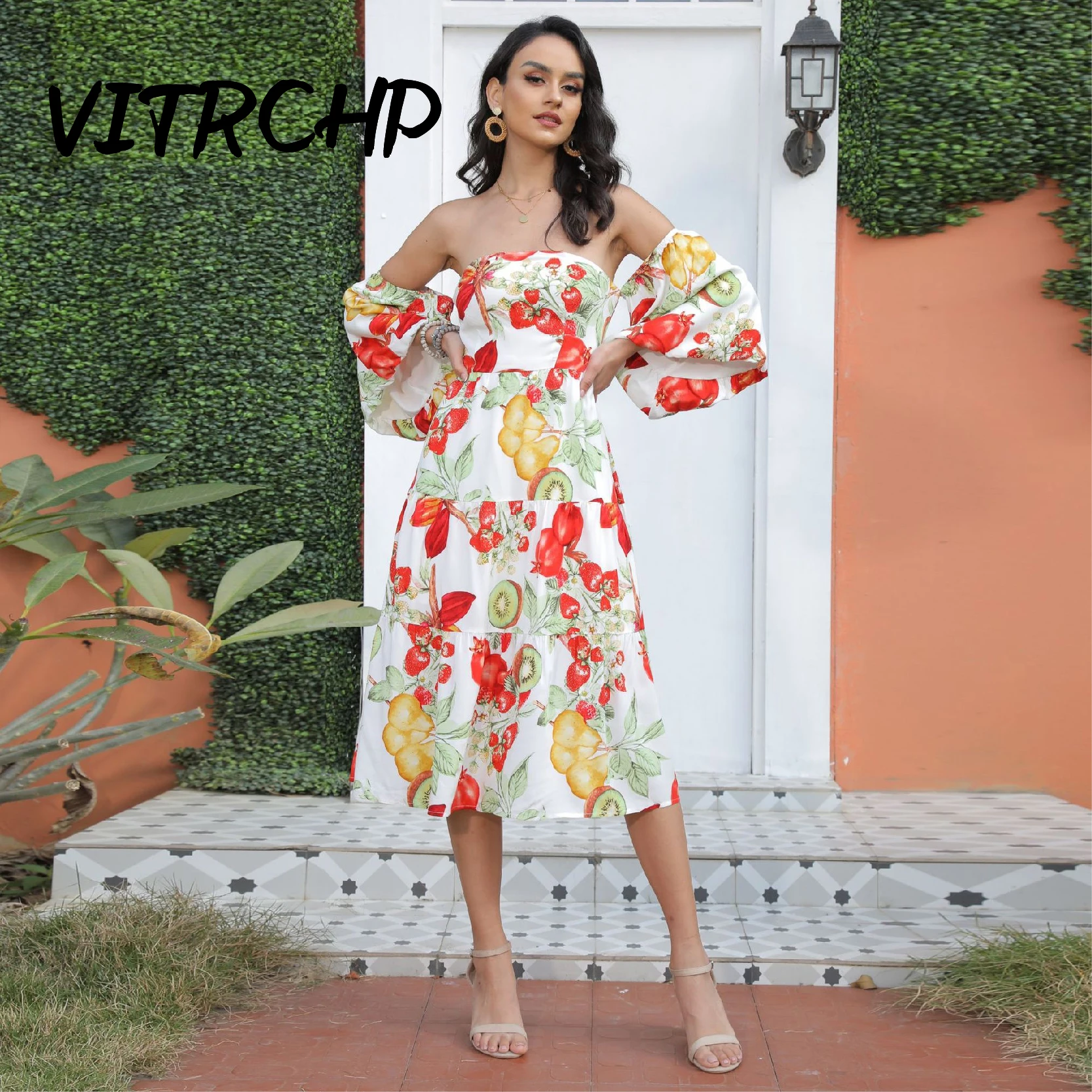 Beach Vacation Celebrity Dresses Printing One-Shoulder Backless Prom Gown Wedding Party Lantern Sleeve Cascading Ruffle Vestidos