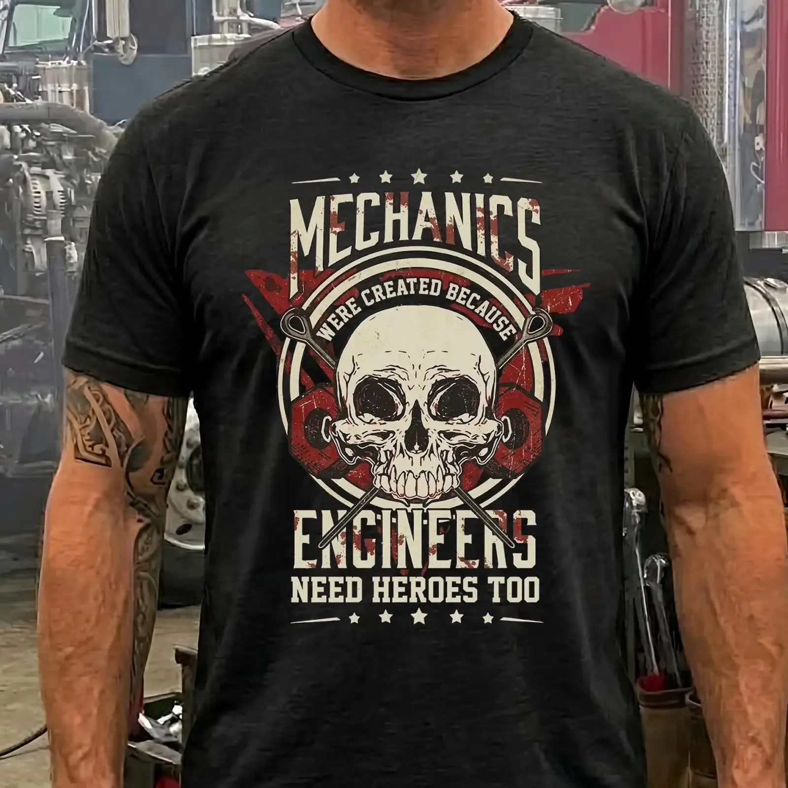 Mechanics Because Engineers Need Heroes Too Skull Wrench T Shirt Funny Auto Mechanic Blue Collar for Dad Husband vintage