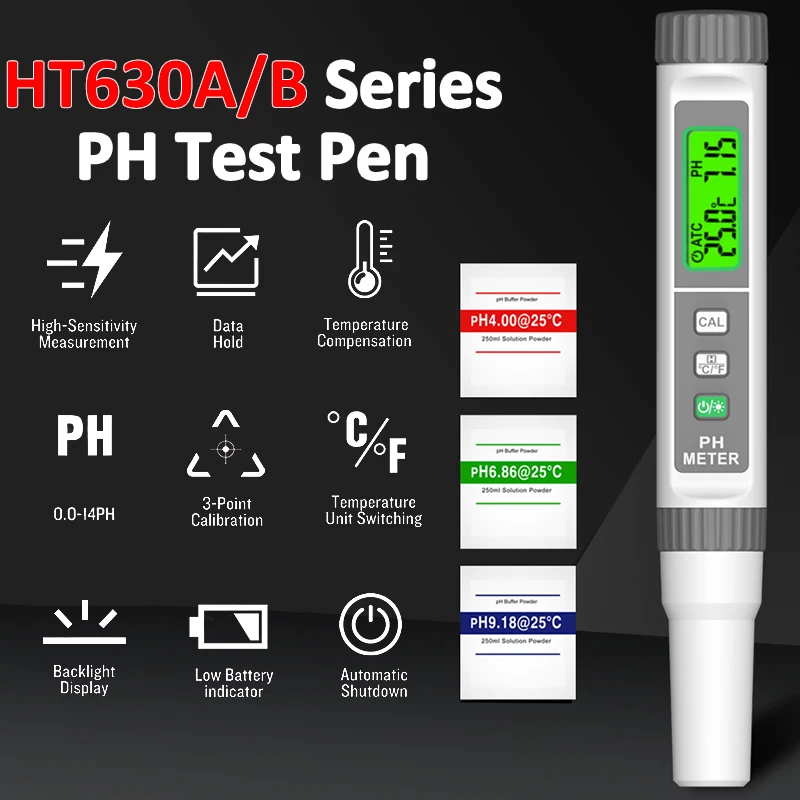 

HT630A/B Digital PH Meter PH/Temperature Meter 0.1/0.05 Digital Water Quality Monitor Tester for Drinking Water, Aquariums Pools