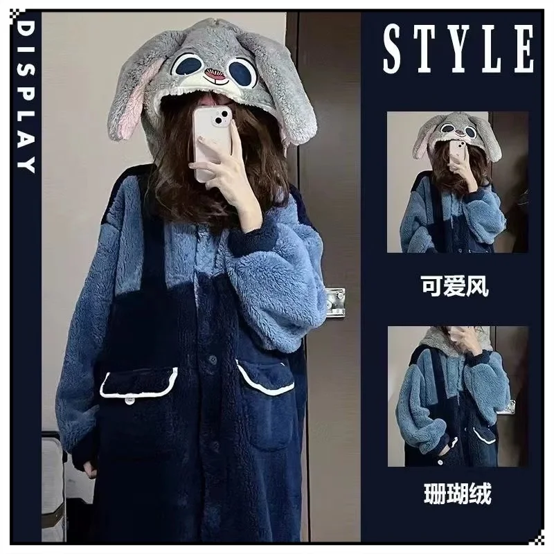 

Ночная рубашка Disney Zootopia Judy, комплект милой мультяшной аниме, плотная флисовая теплая пижама на осень-зиму, уютная домашняя одежда для сна, подарок для пары