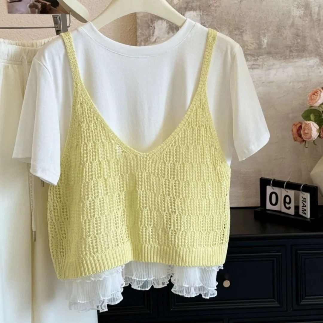 Women Hollow Crochet Knit Camisole Deep V Neck Sleeveless Crop Vest Ruffled Lace Hem Layered