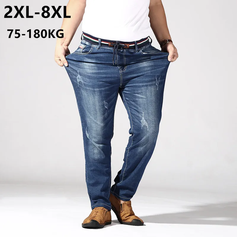 

Мужские джинсы большого размера 6XL 7XL 8XL 180 кг Летние брюки Homme стрейч прямые свободные брюки джинсовые синие плюс рваная одежда с царапинами