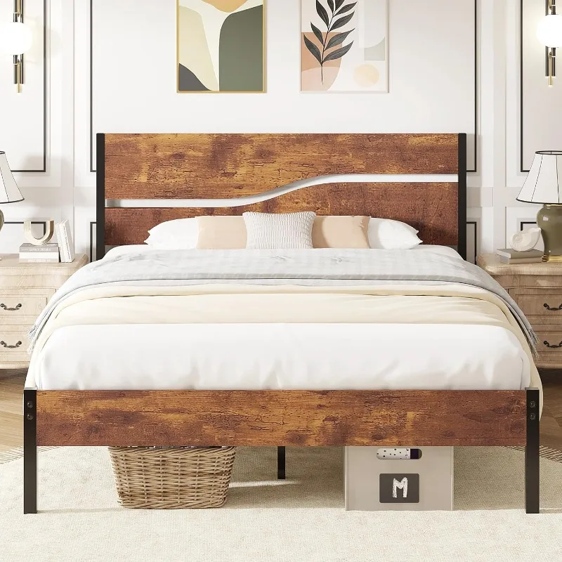 Full Size Platform Bed Frame with Wood Headboard, Solid and Strong Metal Support, No Box Spring Needed