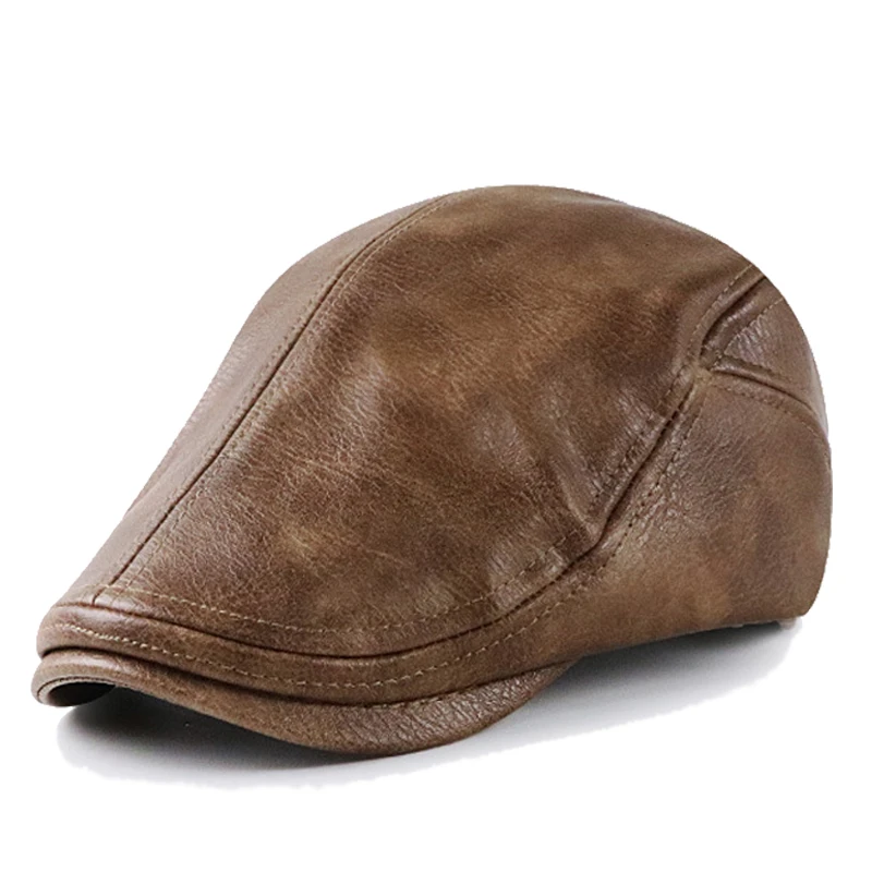 High Quality Leather Beret Hat Men Autumn Winter PU Leather Flat Peaked Cap For Male British Retro Herringbone Hat Mid Age Man