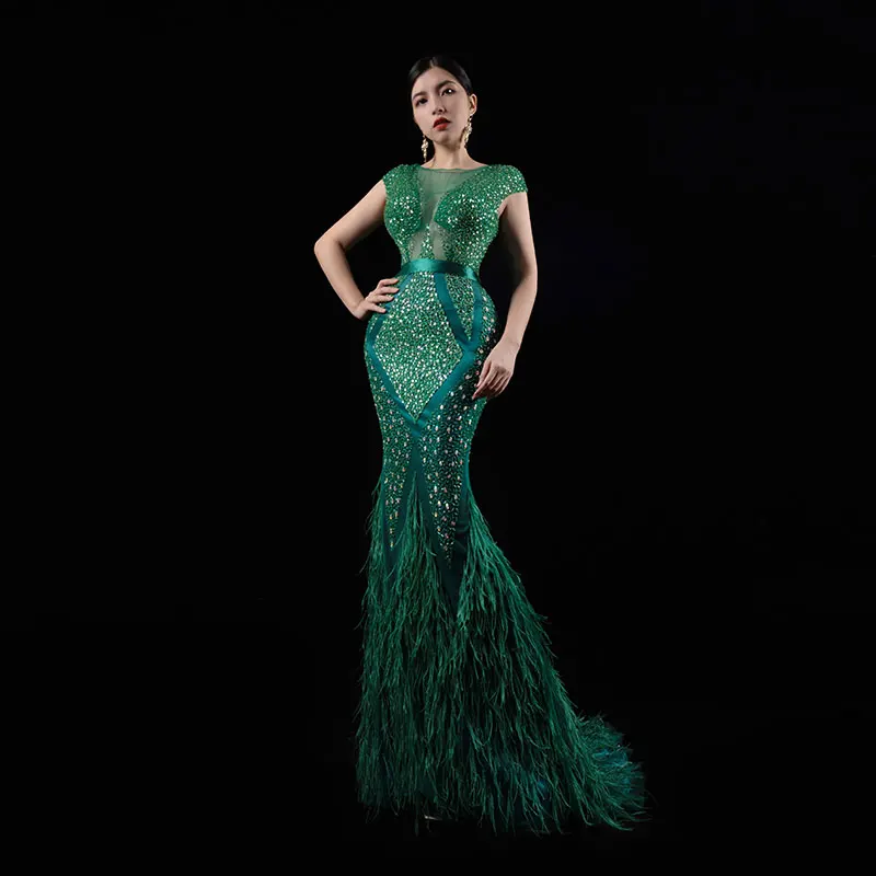 

Bai Sha New 2024 Luxury Evening Dress Mermaid with Ostrich Hair Heavy Beaded Party Host Slim Fit Hip Wrapping Dressed Women 931