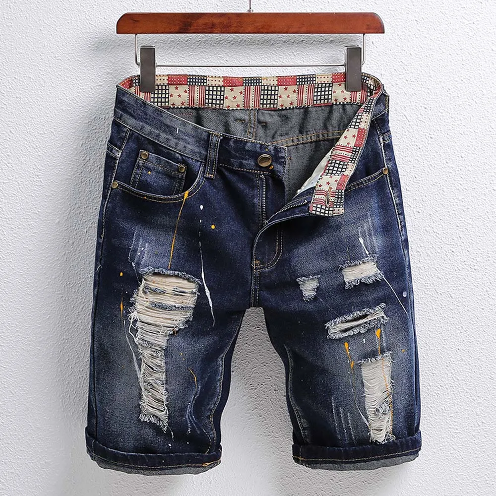 Gescheurde Patch Korte Jeans Heren 2023 Zomer Haveloze Vijf Cent Bedelaar Denim Broek Britse Stijl Hoge Kwaliteit Trend Heren Jeans