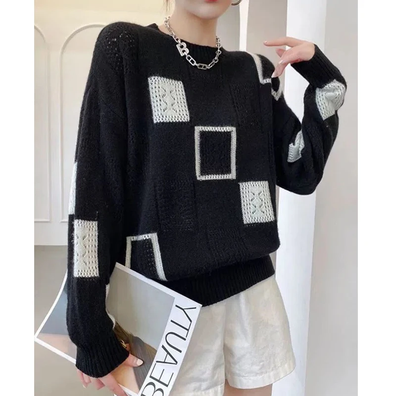 Womens Clothing Autumn and Winter Vintage Geometric Patchwork Knitted Sweater Casual Streetwear Pullover Tops Long Sleeve Jumper