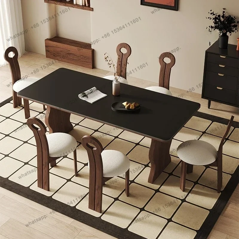 yj9 NEW French retro solid wood rectangular dining table small apartment walnut medium antique black rock slab dining table  cha