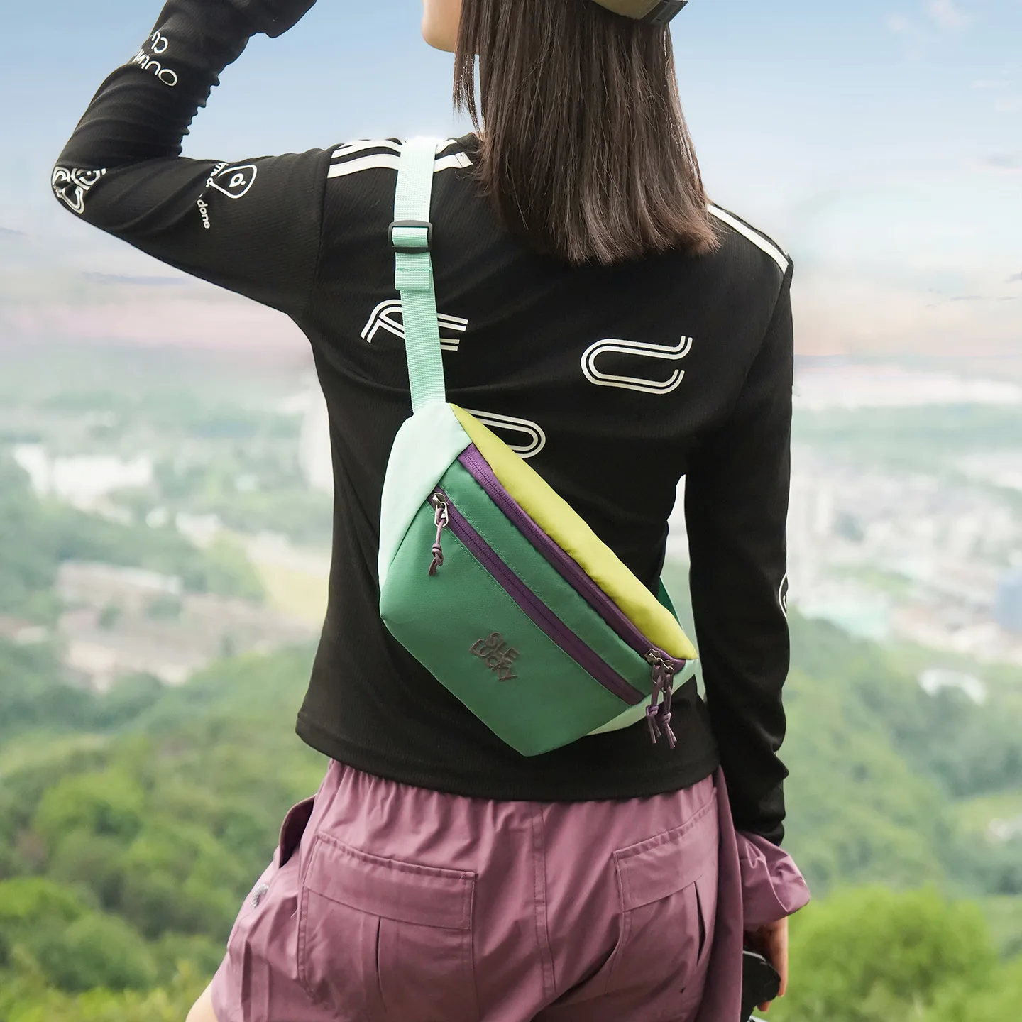 Unisex Color-Block Nylon Waist Bag with Multi-Layer Zipper Pockets and Adjustable Strap Casual Crossbody Fanny Pack for Travel