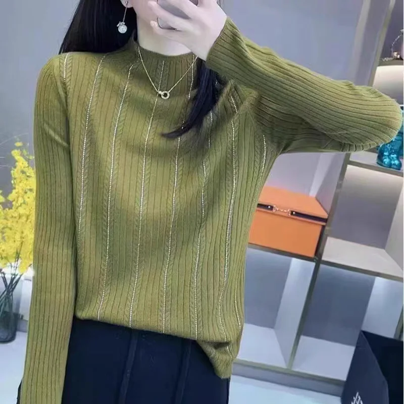 Women New Fine Wool Sweater Half-high Collar Diamond Inlaid Vertical Stripes Pullover Spring Autumn Bottoming Shirt Knitting Top