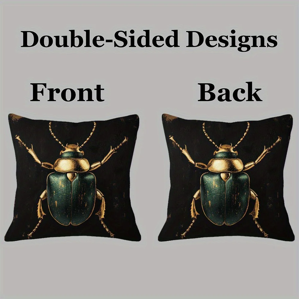 Luxury Beetle Bug Green and Golden Insect Pattern Double-Sided Throw Pillow Cover, Decorative Cushion Case for Bed and Sofa