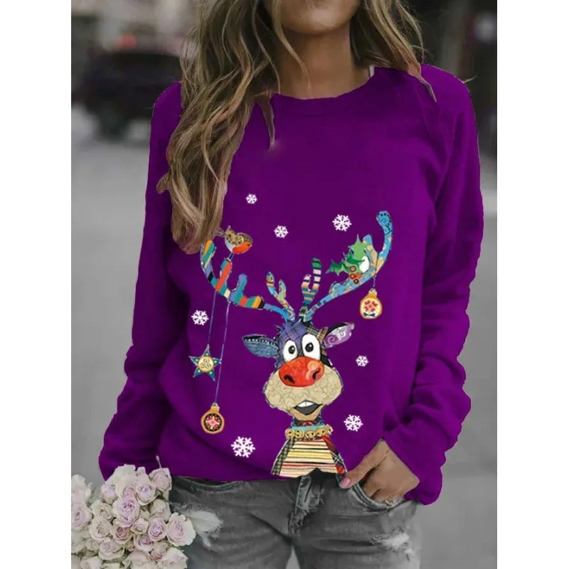 Red Christmas Ladies Long Sleeved Hoodie Cartoon Deer Snowflake Pattern Round Neck Pullover Hoodie Top Versatile Christmas Style