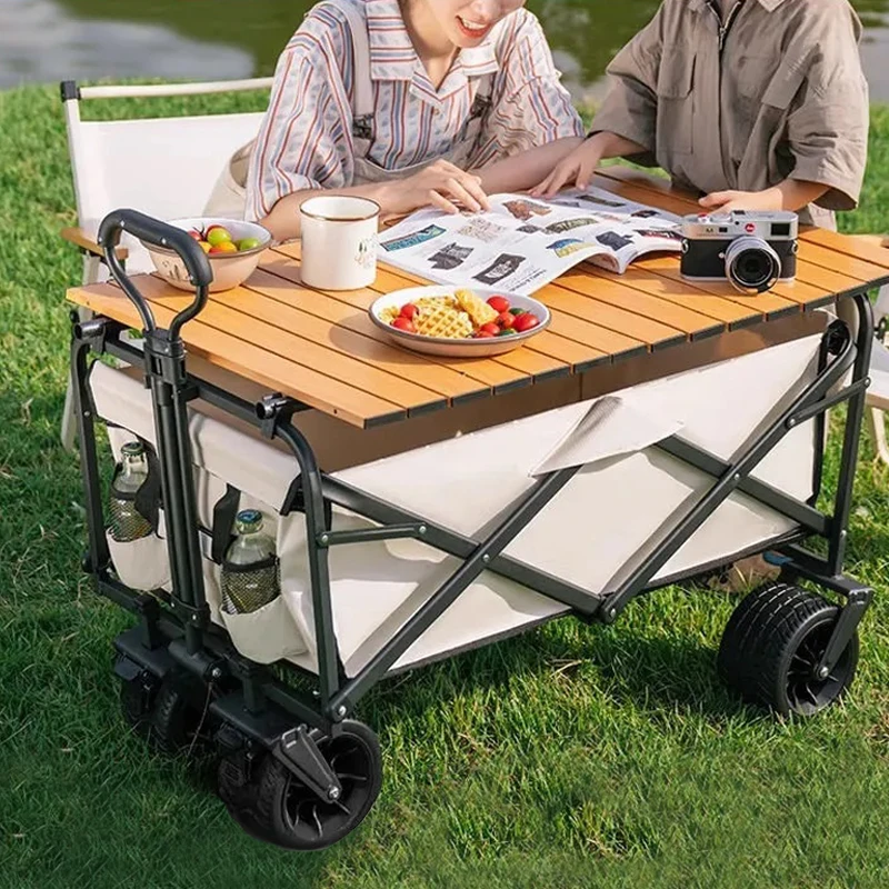 

Foldable Cart Hand Pushing Outdoor Camping Picnic Trolley Trailer Pull Rod Rear Wagon Cart With Table