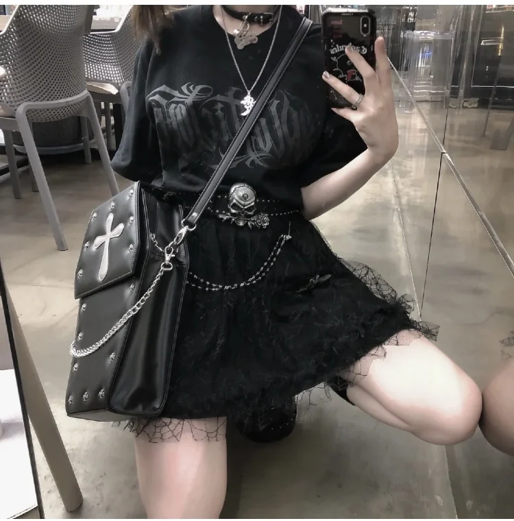 Rok kue renda hitam Gotik rok Tulle pinggang elastis Harajuku Y2k rantai pita A Line rok pendek wanita Lolita Jepang