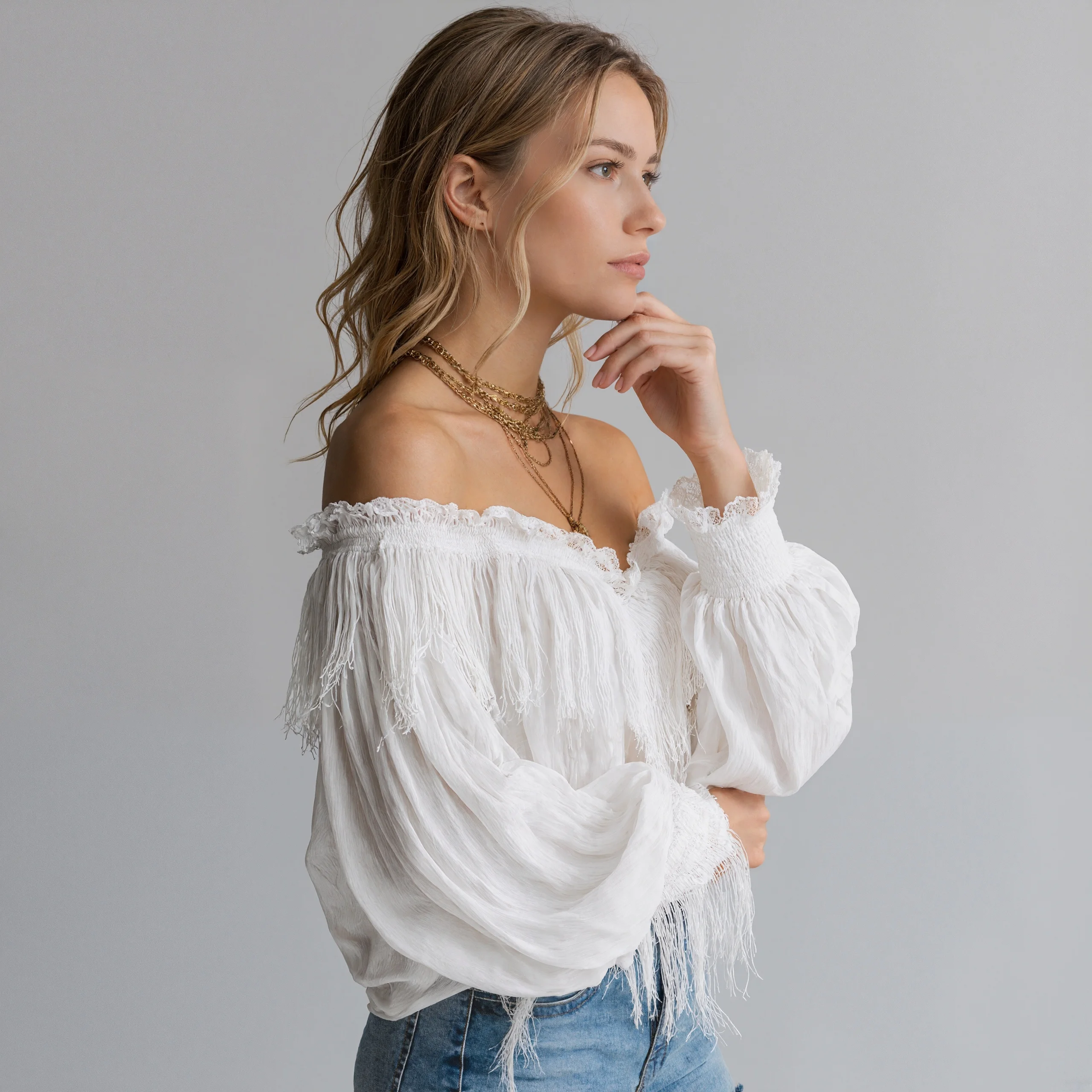 Damska bluzka w stylu boho z odkrytymi ramionami, biała, z frędzlami, luźna bluzka z rękawami typu latarnia, koronkowa koszula plażowa, codzienna bluzka, odzież.