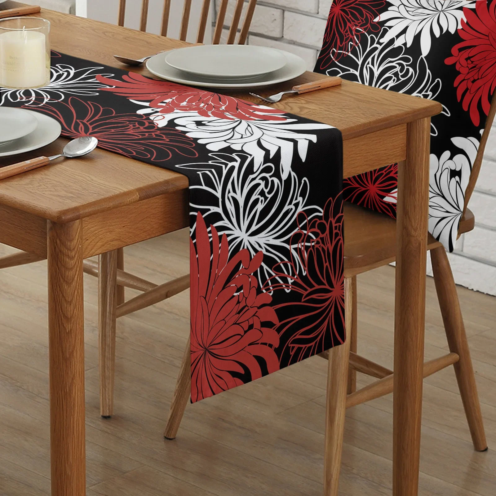 Flower Red White Black Chrysanthemum Linen Table Runner Kitchen Table Decoration Farmhouse Dining Tablecloth Wedding Party Decor