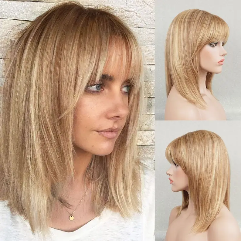 Blonde Menschenhaar volle Perücke Kappe Dichte 12 in mittellanger Bob Cut leimlose Perücke mit Knall blonde Highlights Perücke für Frauen