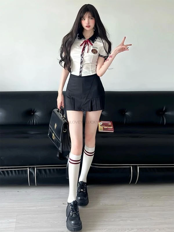 Japan Korea Suit women's Summer Improved Jk Uniform Short Sleeve Top Pleated Plaid Skirt School Uniform Daily JK Set