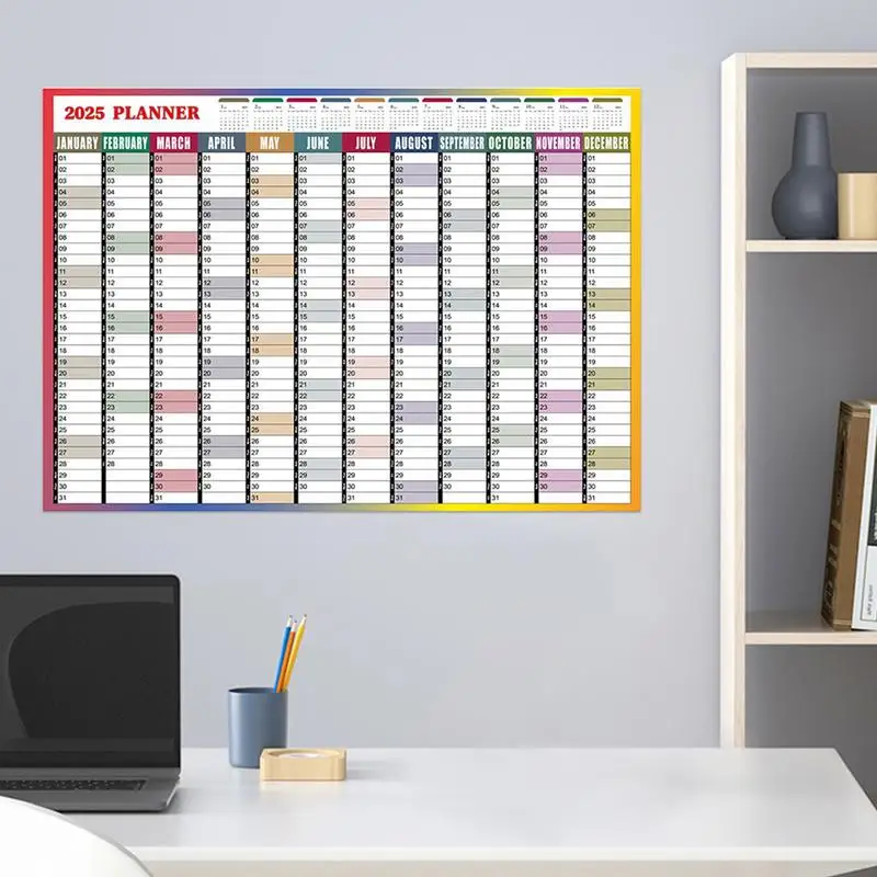 Póster de calendario de pared 2025, planificador de pared anual anual de 12 meses con pegatinas, papel grueso, organización del hogar para planificación