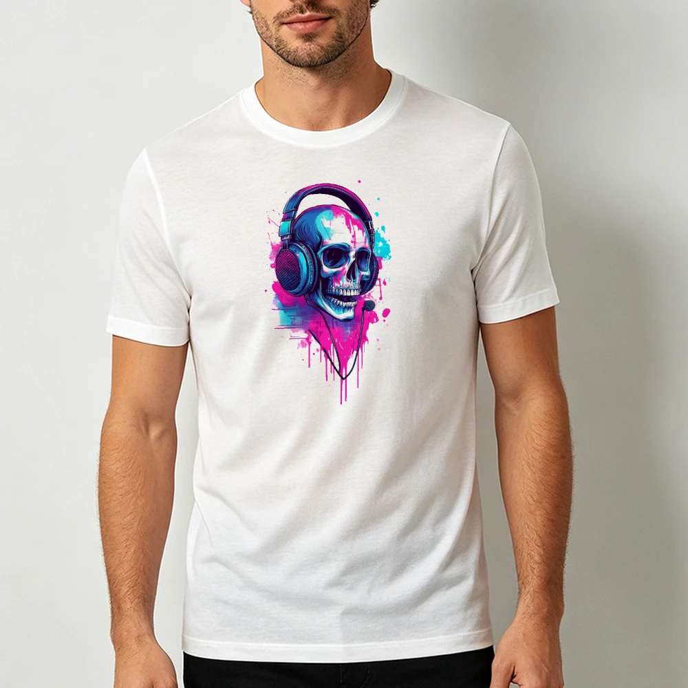 Neon Splash Skull Headset Music Graffiti Graphic Men Summer T Shirt  DJ Trend Creative Short Sleeve Garment