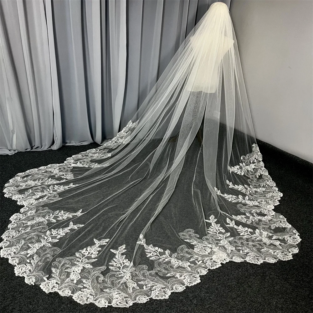 Long Bridal Veil with Comb 3 Meters 1 Tier Scalloped Edge Bling Sequins Lace for Wedding