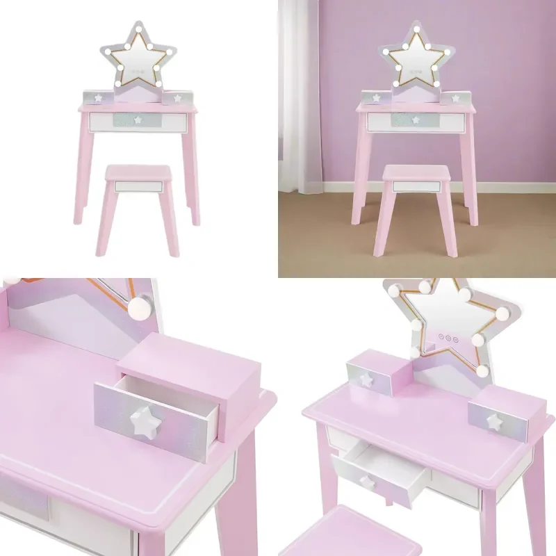 Pink Wooden Kids Vanity Table with LED Light Cute Dressing Stool Set Girls Bedroom Makeup Desk Toy Gift Furniture