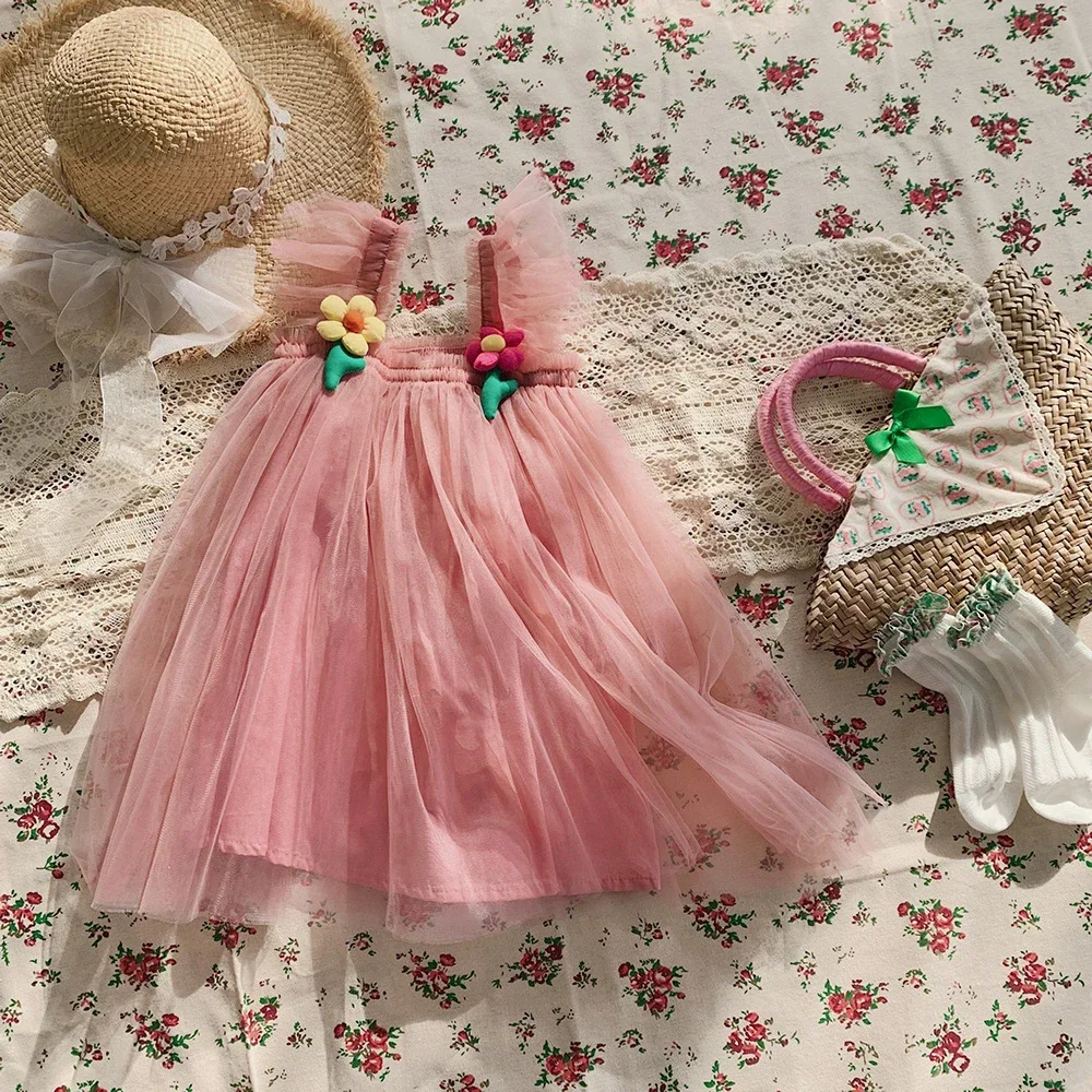 New Summer Girls Sweet Princess Dress T Sweet Princess Dress Pompous Dress Solid Color Flower Decoration(Girls 0-3 Years Old)