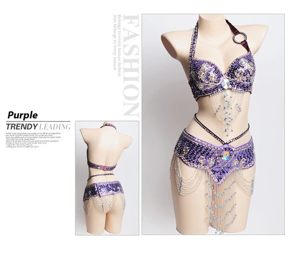 حمالة صدر وحزام للرقص الشرقي مكونة من قطعتين من حجر الراين المطرز بالخرز للنساء البالغات، دعائم أداء لمرحلة الرقص