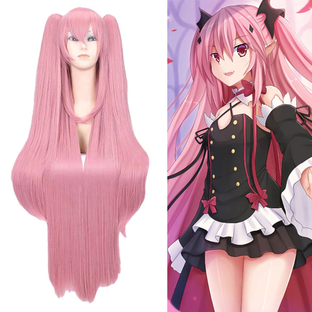 De Ending Seraphim Krulu Cosplay Synthetisch Haar 38-Inch Vampier Heks Anime Thema Party Roze Pruik Hoge Temperatuur Vezel