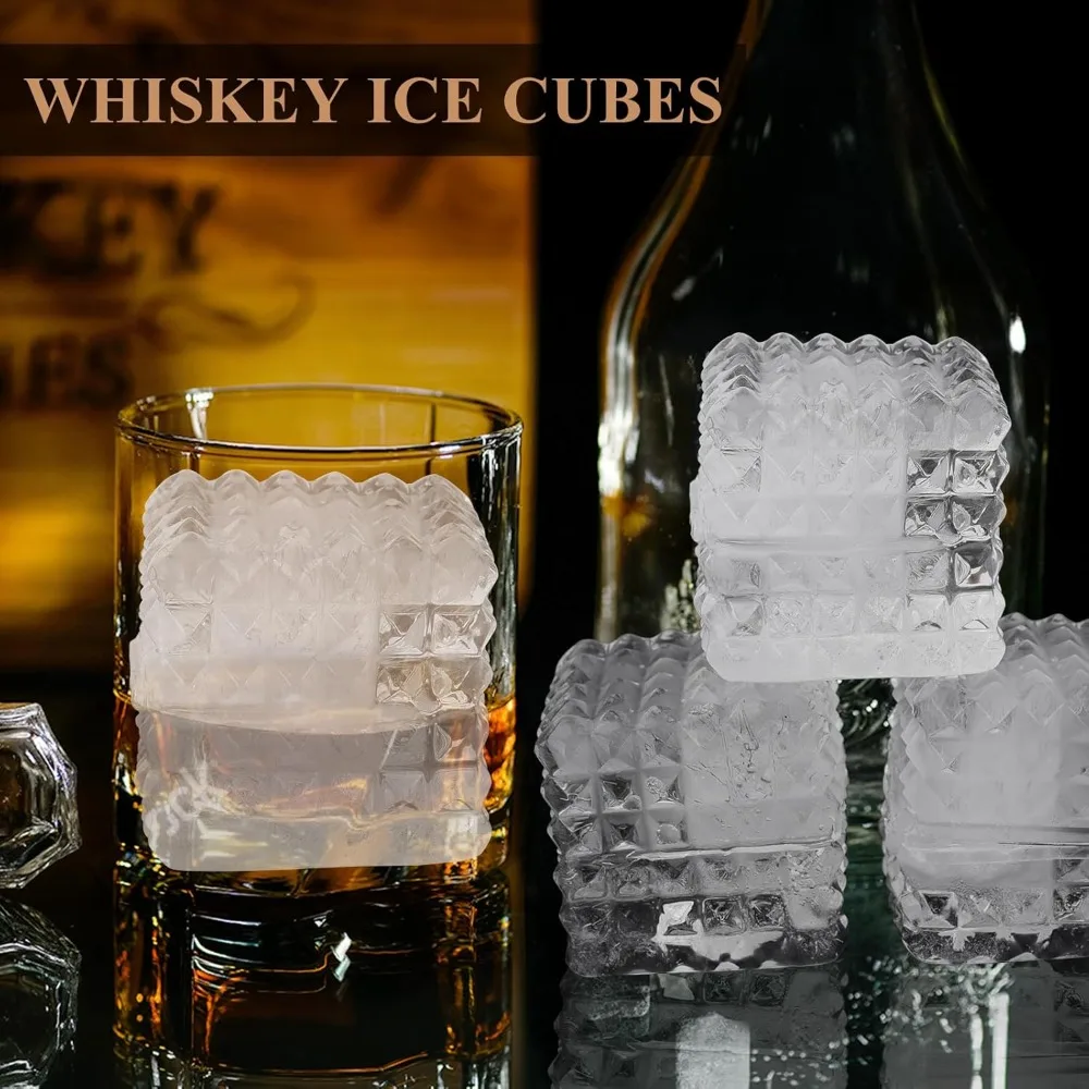 Whiskey Ice Cubes MoldSilicone Ices Cube Trays with Lid Diamond Textured Large Square Cube Mold Big Bourbon Ice Cube Mo