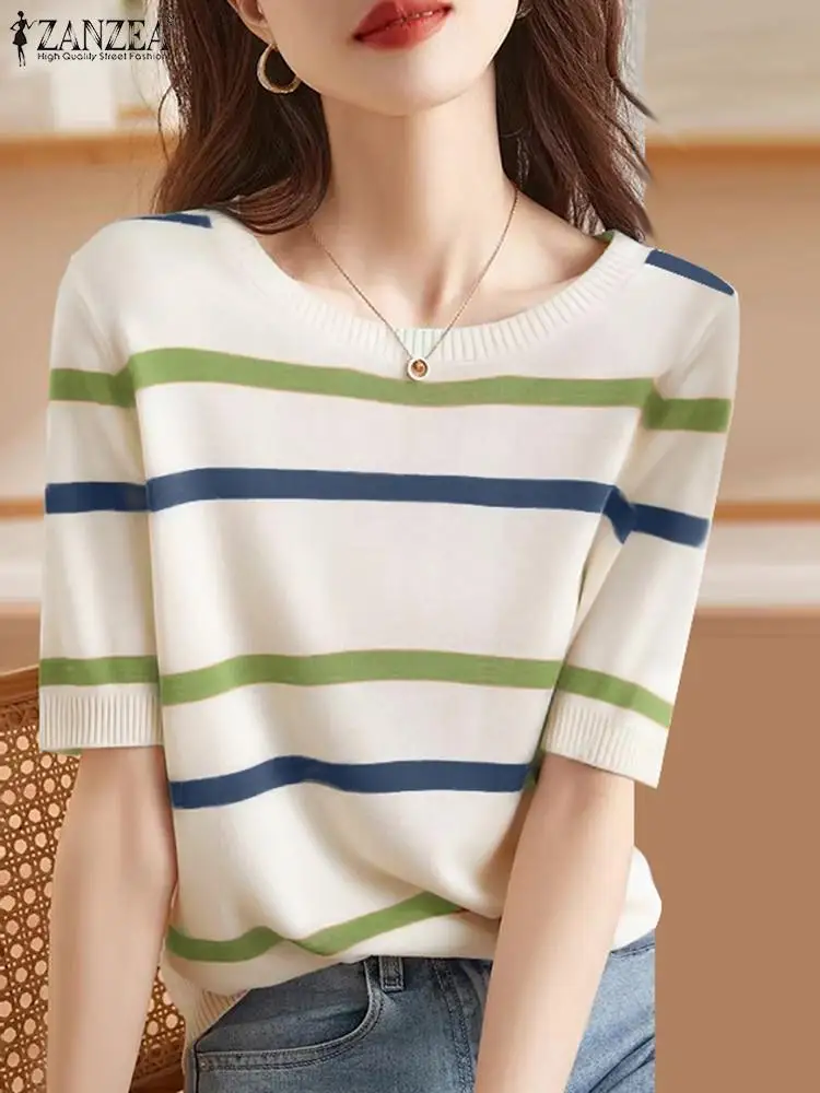 ZANZEA Korean Casual Knit T-shirt Women Harajuku Color Stripe Tees Blouse Summer Vintage Half Sleeve Tops 2024 Basic Loose Tops