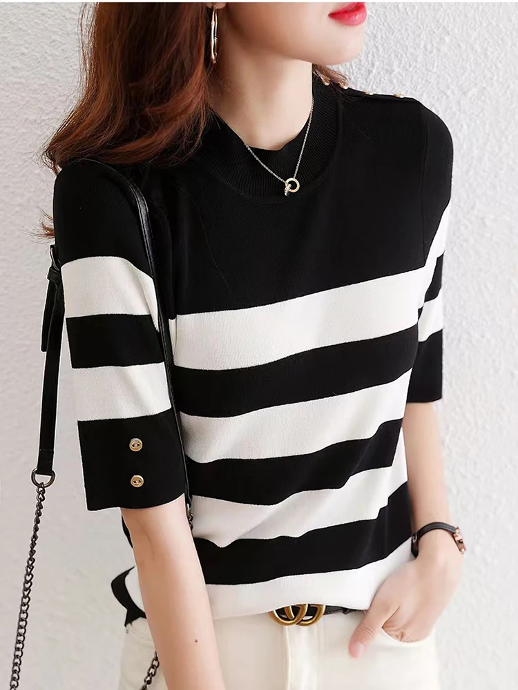 New Striped Sweater Summer Thin Button Up Top Women Clothes Black Ladies Knitted Tops Short Sleeve Pullover Sweater Mujer 2022