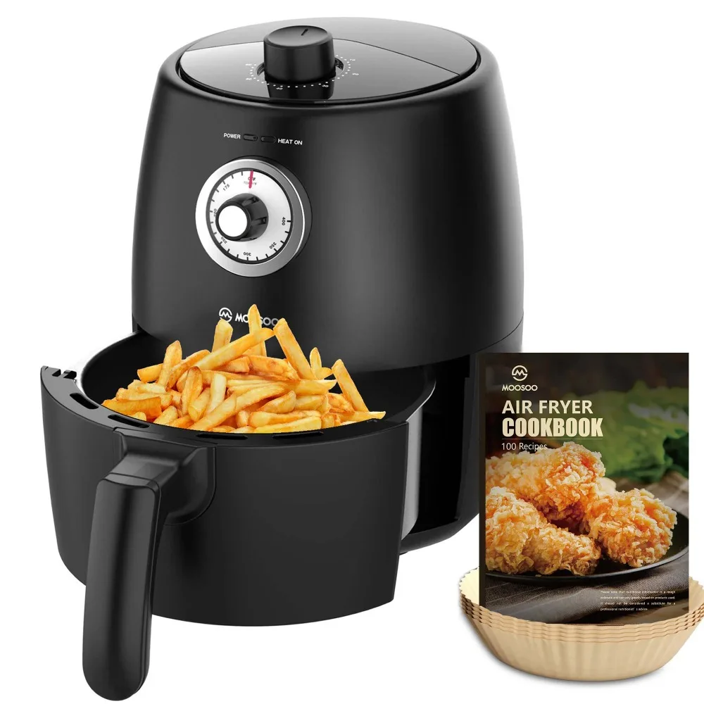 

2-Quart Compact Air Fryer with 50 Air Fryer Paper Liners 1200 Watts New Black Nonstick Basket 100 Recipes