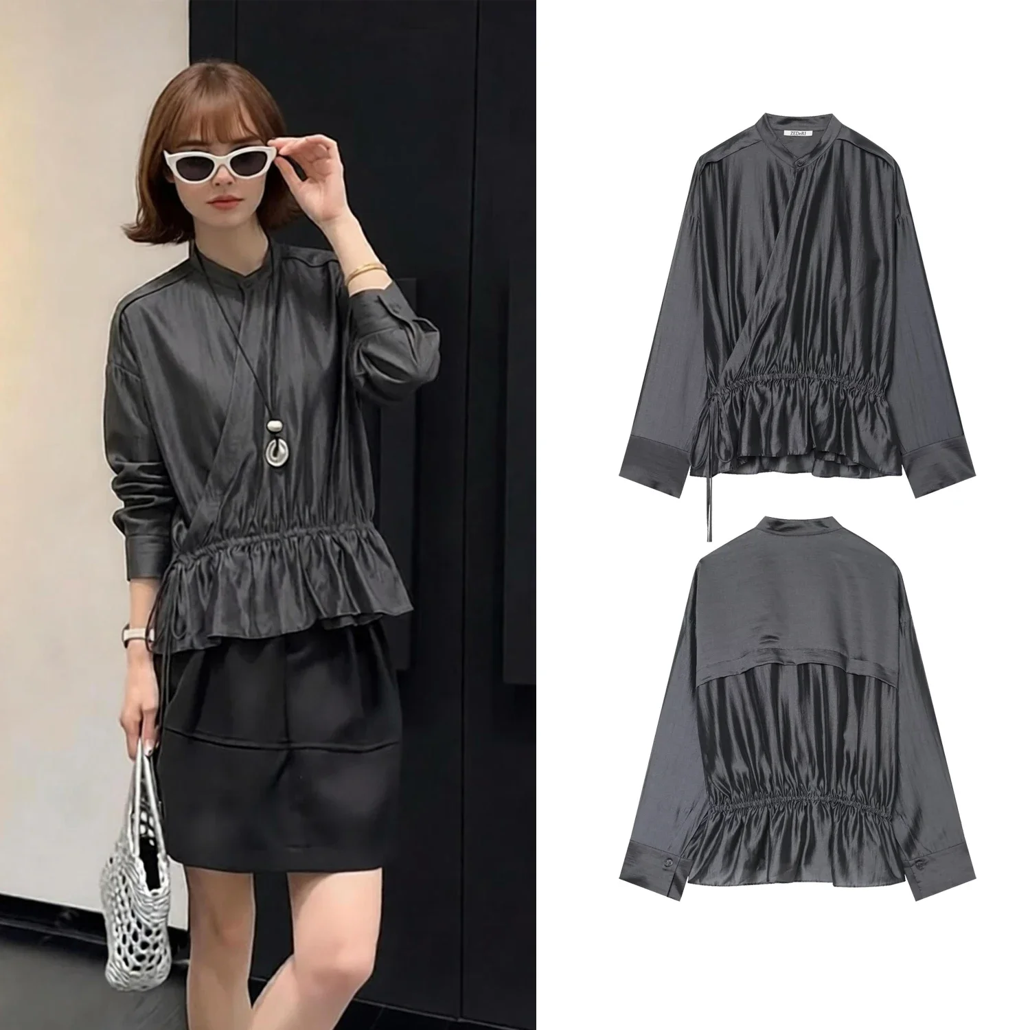 Elegant Pleated Women Blouse Spring Autumn Female Chic Long Sleeve Drawstring Waist Wrap Shirt Top Lady Street Casual OL Blouses