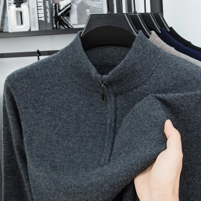 

Men's 00% Wool Knitted Base irt f Zip Thiened Sweater Autumn Winter Warm Stand Collar Knitted Woolen Sweater