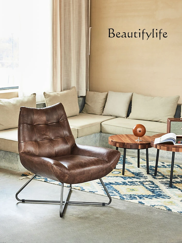 Retro Casual Designer Genuine Leather Chair Nordic Single-Seat Sofa Chair Balcony First Layer Cowhide