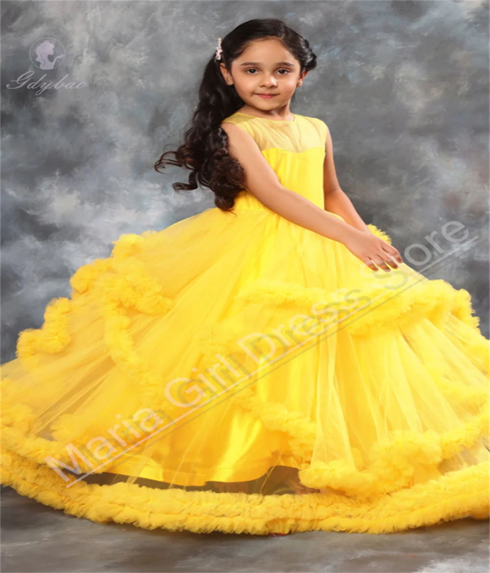 

Пышное желтое детское праздничное платье без рукавов с круглым вырезом, официальный наряд на день рождения с рюшами для девочек, настраиваемый