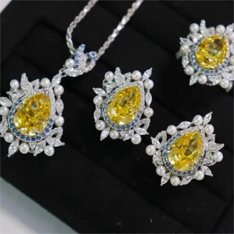 RUIF 2024 Hot Sale S925 Silver Blue Yellow Zircon Earrings And Ring Necklace Women Jewelry Party Gift