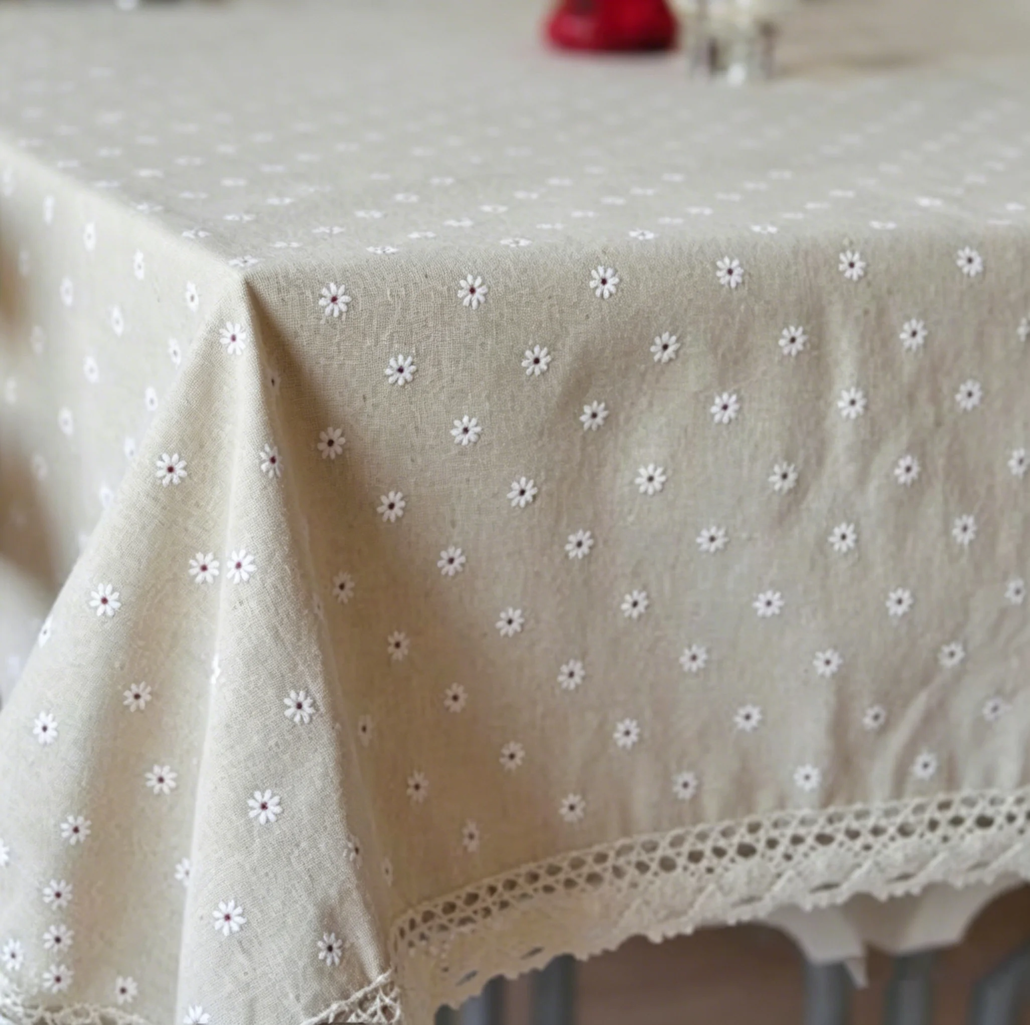Pastoral Linen Table Cloth Flower Cherry Printed Cotton Rectangular Table Cover Lace Edge Home Tea Coffee Shop Hotel Decor