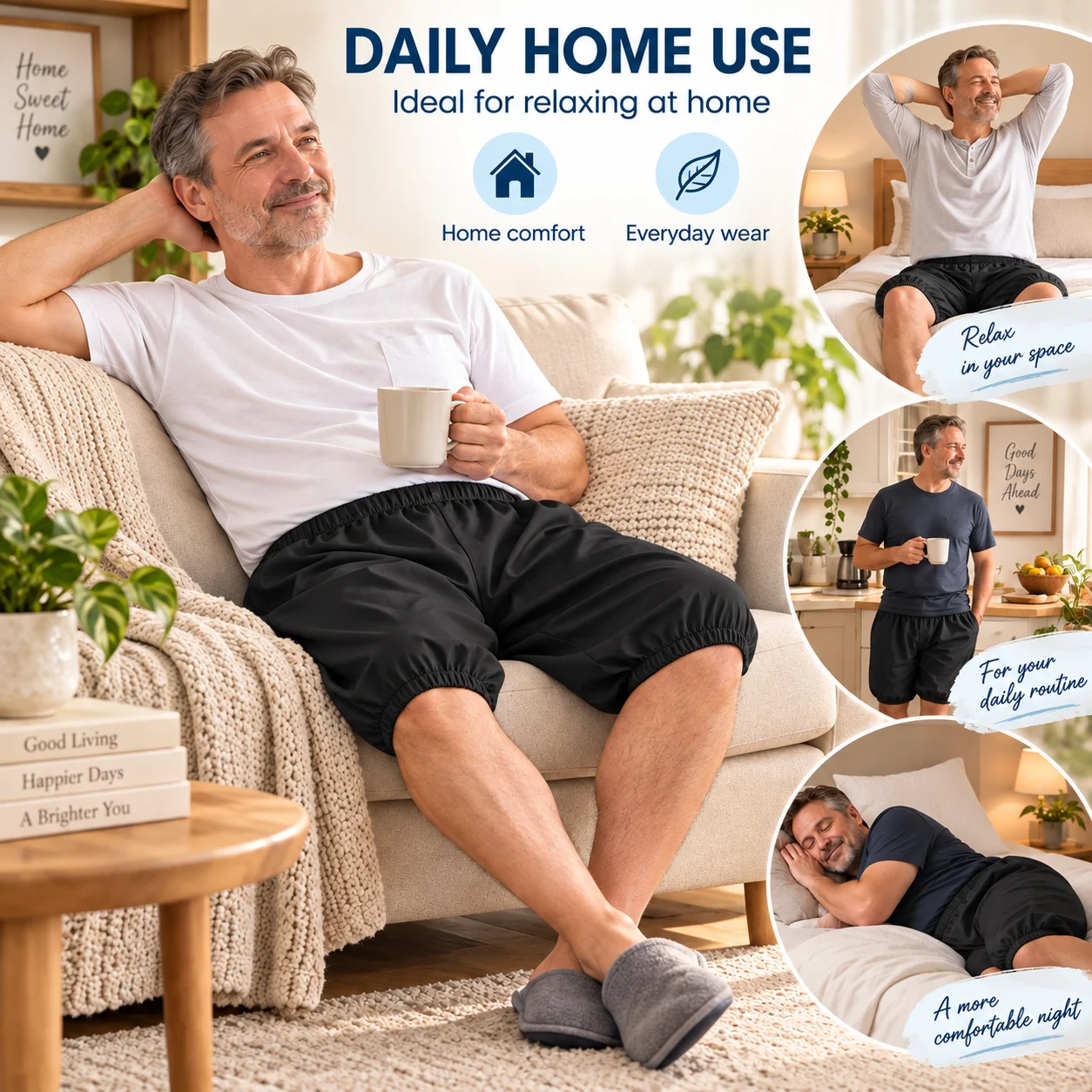 1 Piece Reusable Adult Solid Color Protective Under Shorts Soft Breathable Hand Wash & Machine Washable, Black Elastic Cuff