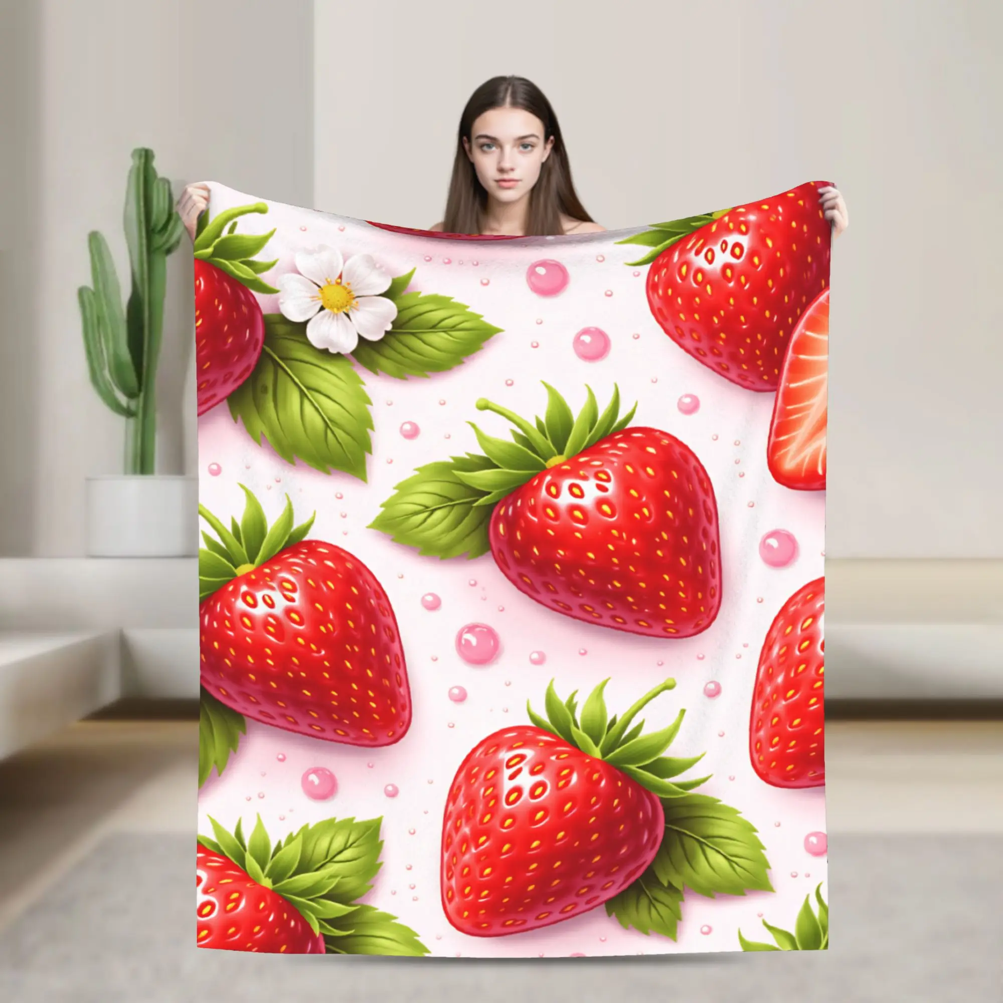 Strawberry Seamless Pattern Pink Bubble Background Warm Comfy Blankets  Casual Picnic Throw Blanket Couch Bedspread Bed Cover