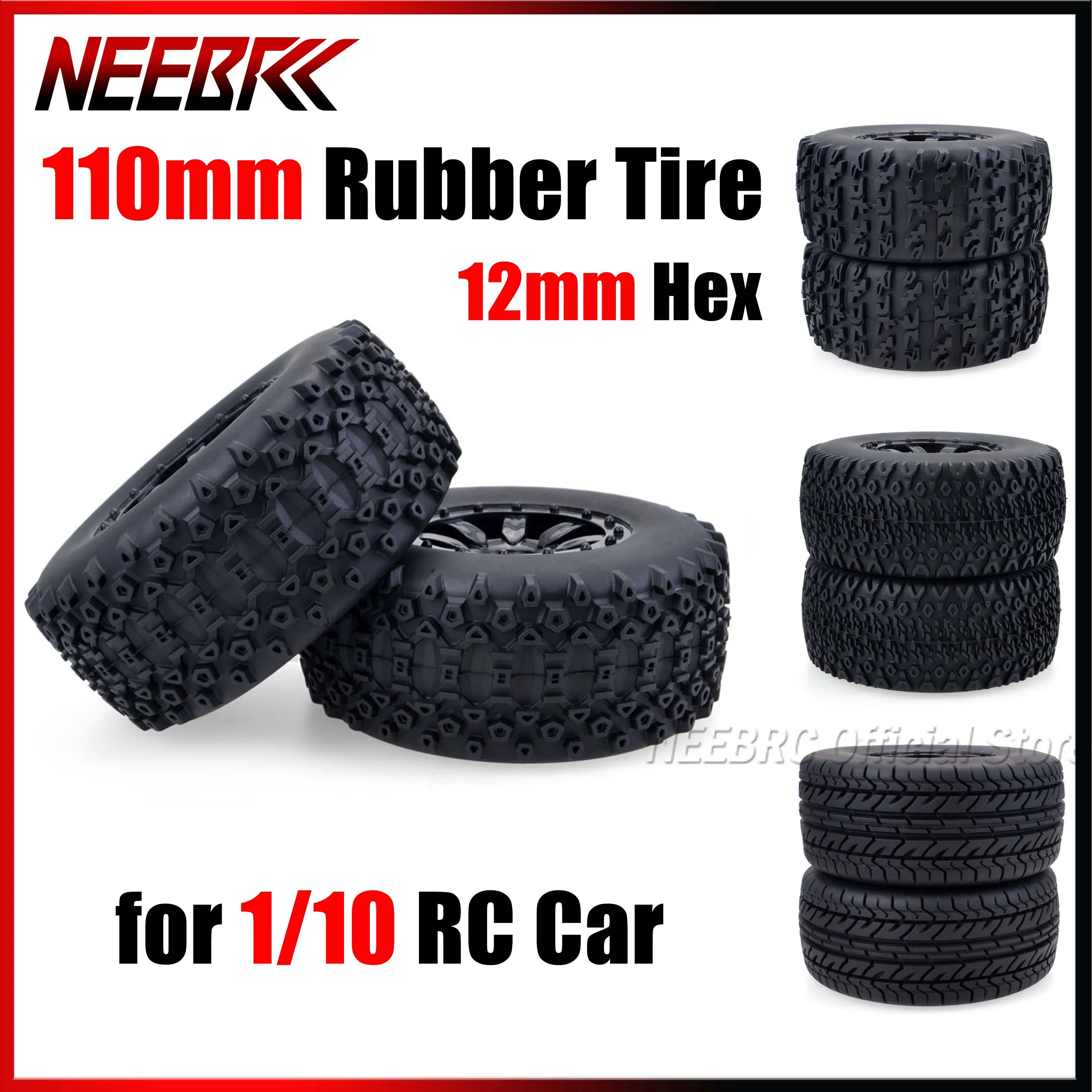 

4PCS 110mm Rubber Tires Tyre Wheel Rim Hub 12mm Hex Set for 1/10 RC Car Off Road Model Truck Short Course Redcat HPI Traxxas Toy