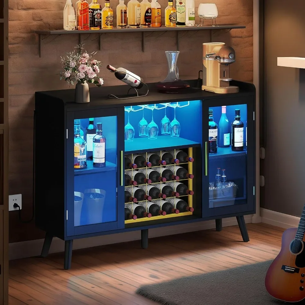 Wine Bar Cabinet com luzes LED e Tomadas de Energia, Coffee Storage Cabinet para Licor e Copos, 53"