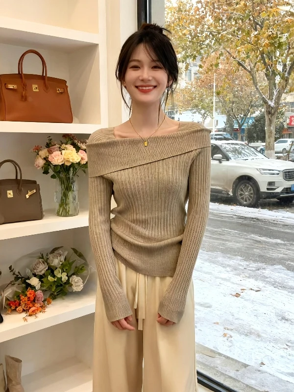 

Slim Fit Long Sve Knitted One oulder Top for Women Spring Autumn French Sle Soft Knitwear Casual Ele Base irt