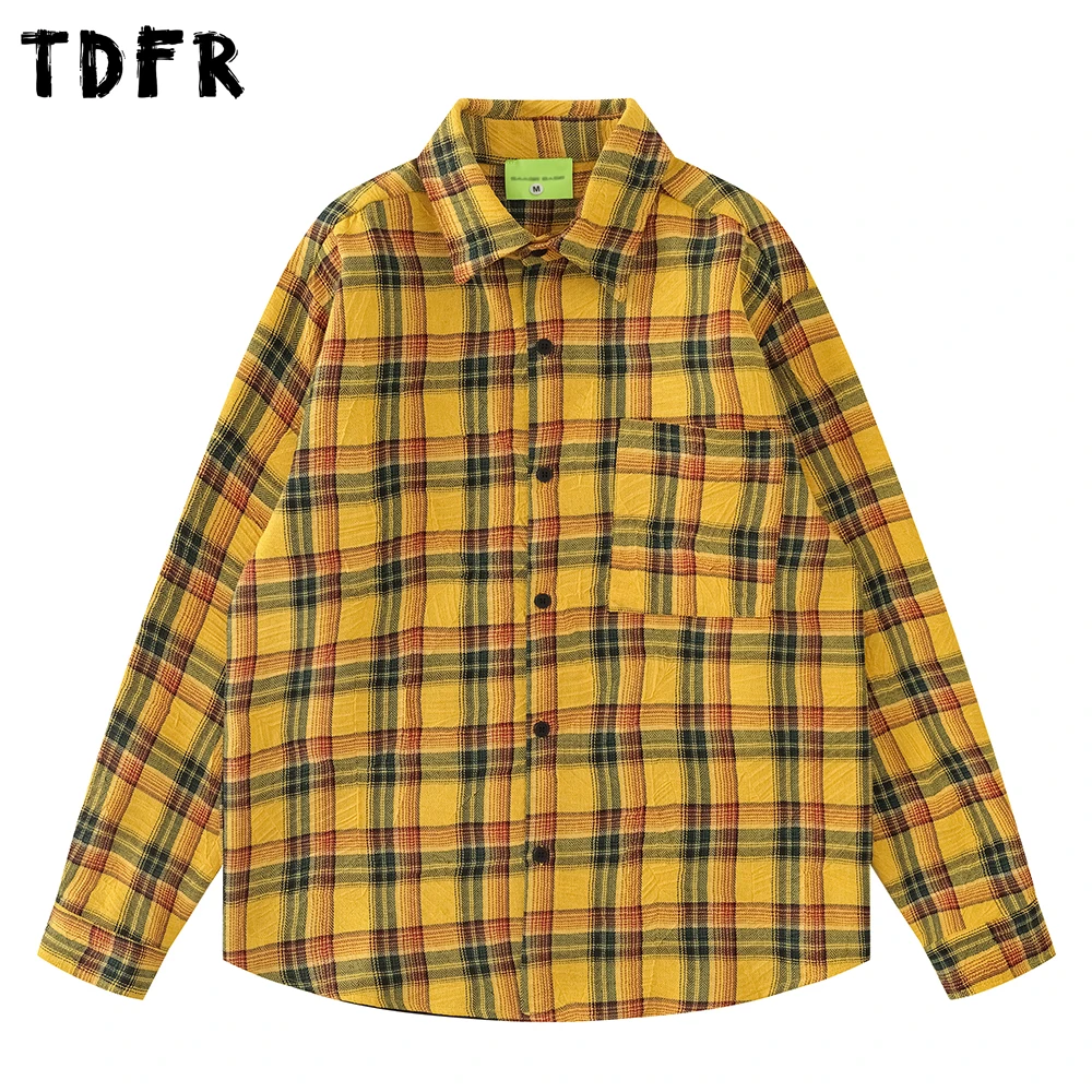 

Pocket Plaid Shirts Mens Autumn Retro Casual Cotton Single Breasted Loose Long Sleeve Checked Shirt Man