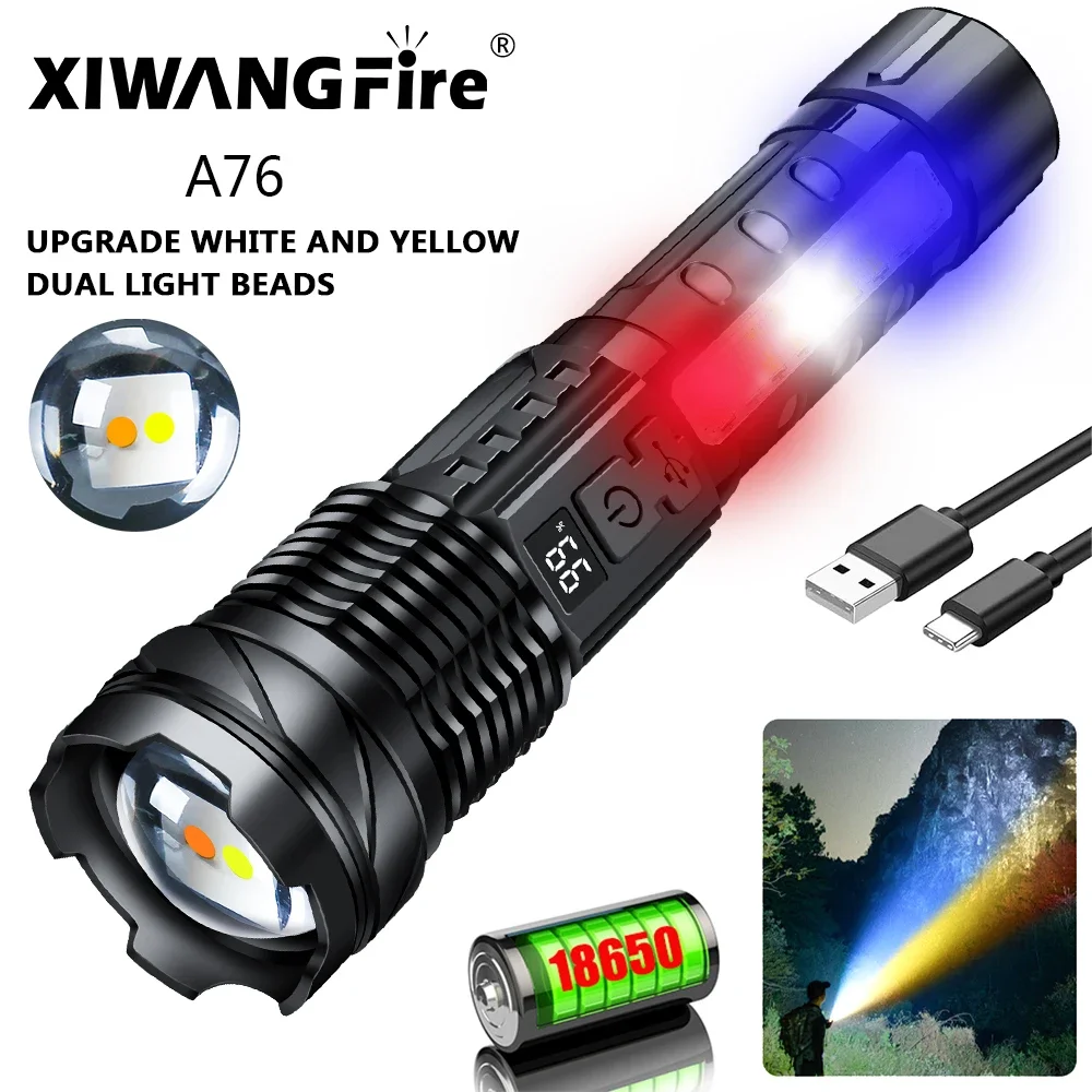 XIWANGFIRE A76 Flashlight Strong Light LED Zoom Tactical Torch 10 Lighting Modes USB Rechargeable Camping Hunting Lantern