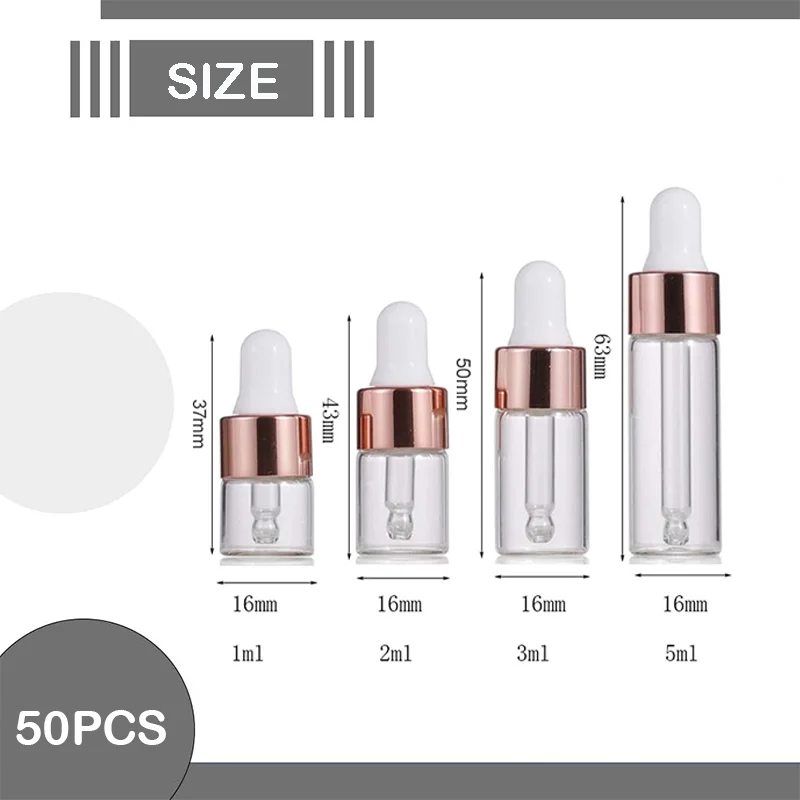 50pcs Empty 1ml-5ml Glass Dropper Bottles Refillable Essential Oil Bottles Travel Vial Containers with Eye Dropper for Perfume