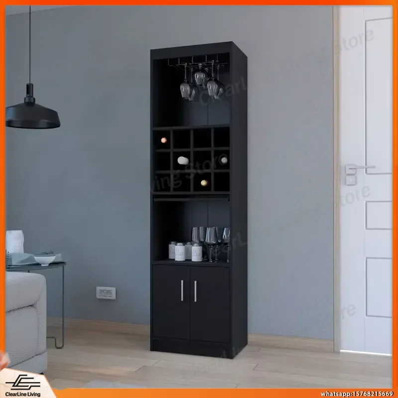 

Black Bar Cabinet with Wine Rack and Storage Shelves for Living Room Kitchen Home Bar Furniture Modern Tall Standing Drink