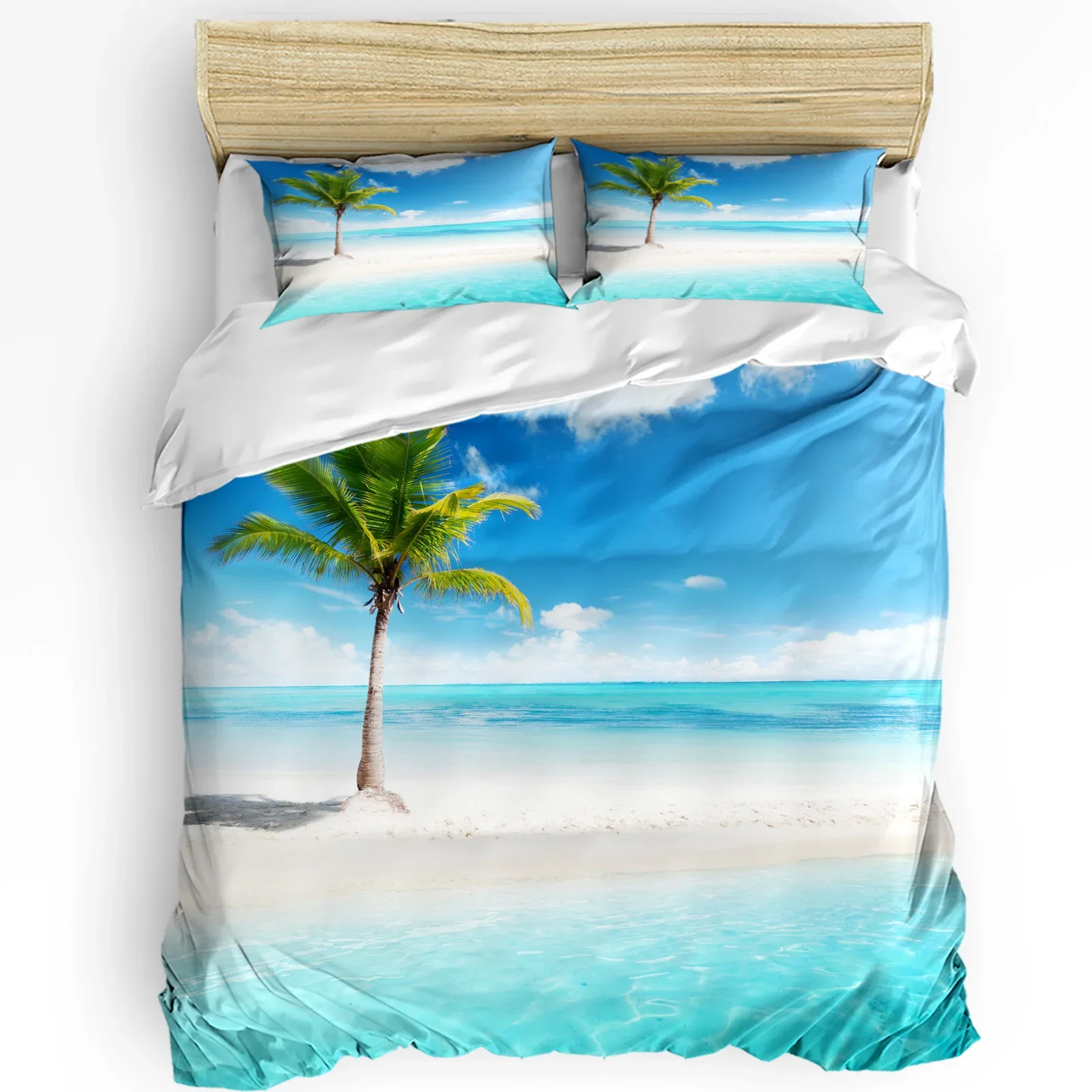 Palm Tree Sea Beach Blue Sky White Clouds 3pcs Bedding Set For Double Bed Home Textile Duvet Cover Quilt Cover Pillowcase