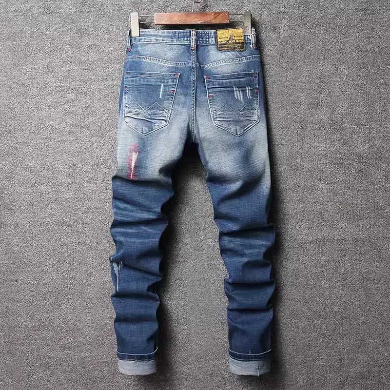 Fashionable street clothing men's stretch jeans retro blue slim fit distressed jeans men's embroidery designer retro denim pants